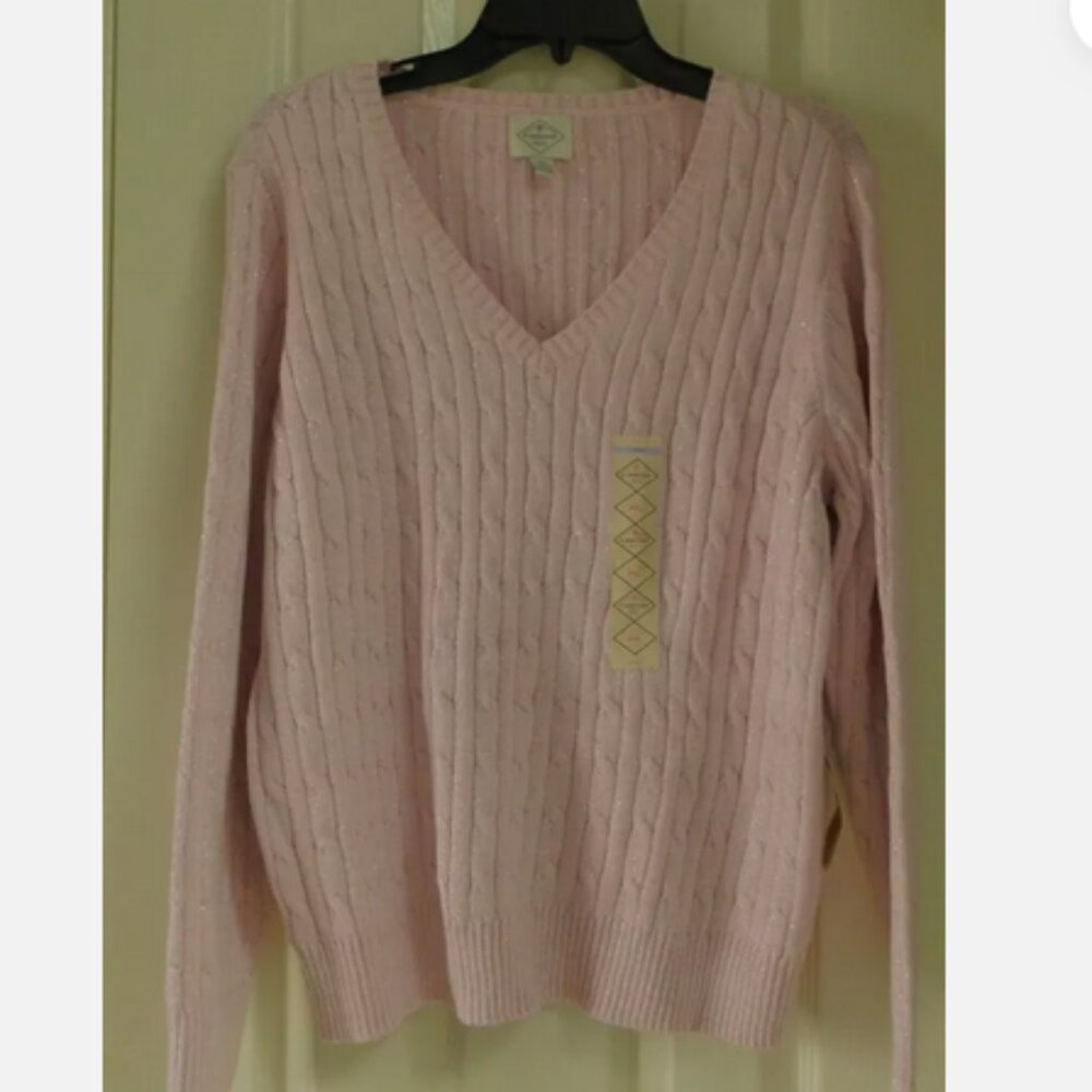ST. JOHN’S BAY Long Sleeve Cable Knit V-neck Pink Sparkle Sweater Preppy PXL